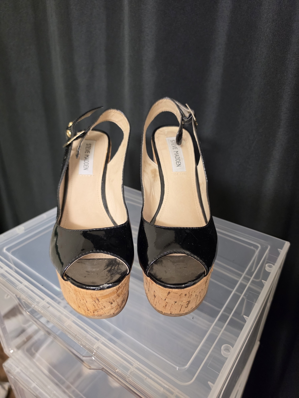 Steve Madden Black Patent Cork Platform Sandals
